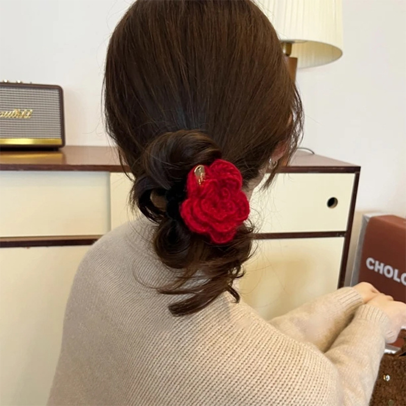 复古红玫瑰金标丝绒发圈气质百搭毛线花朵皮筋头绳高级感发饰头饰