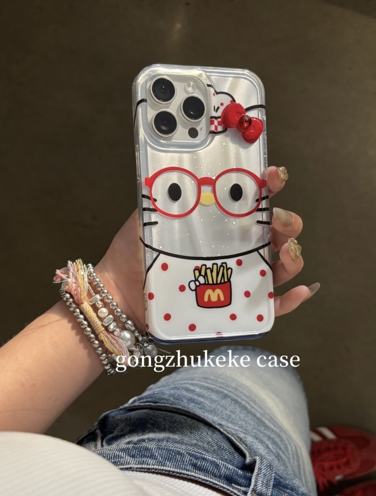 ins闪粉眼镜猫咪波点薯条适用于iPhone16Promax手机壳苹果15/1413