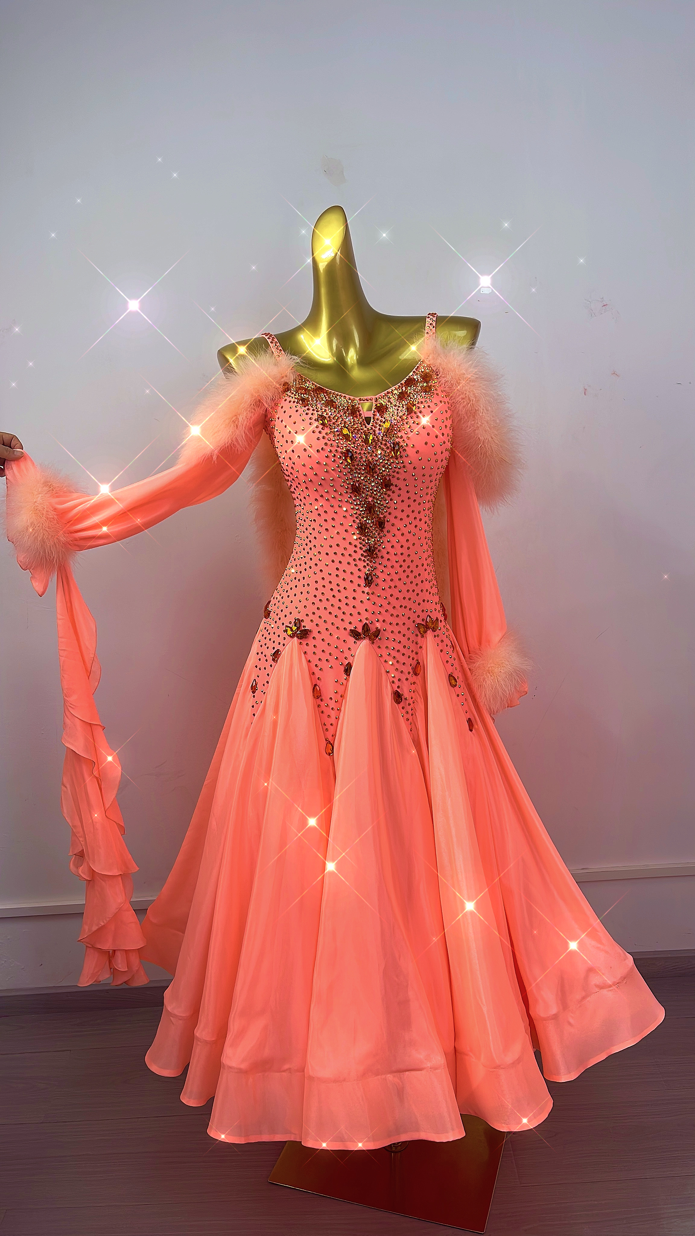 舞依阁高档定制款桔红进口料摩登舞裙国标华尔兹交谊舞定制连衣裙