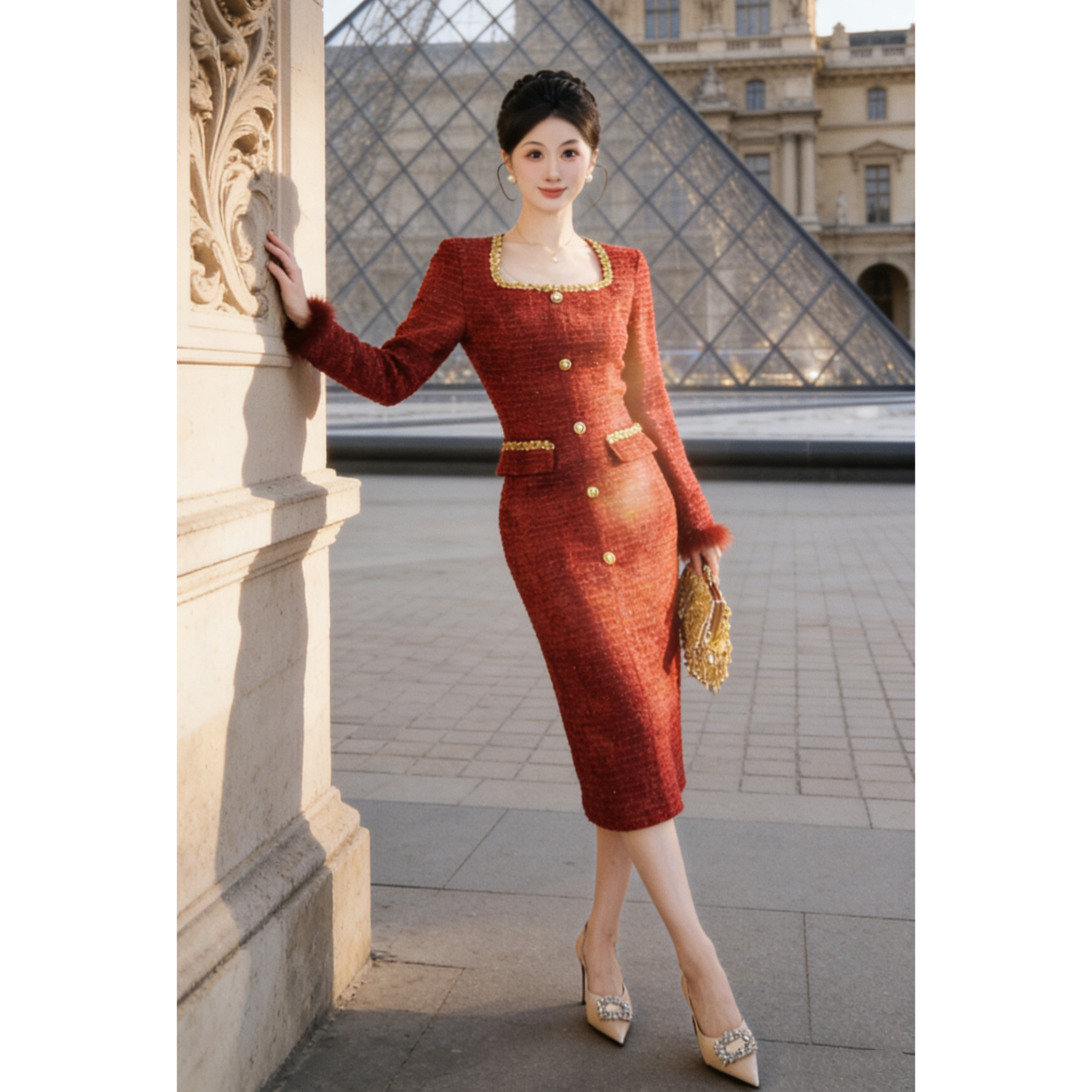 【张小小】【有里布】矜贵轻奢收腰连衣裙女重工长袖连衣裙D4520