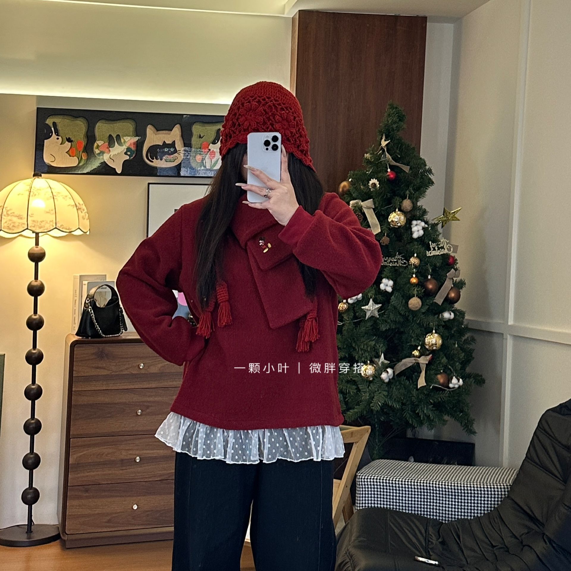 【一颗小叶  新年限定】冬季大码米奇围巾毛巾感蕾丝边套头卫衣