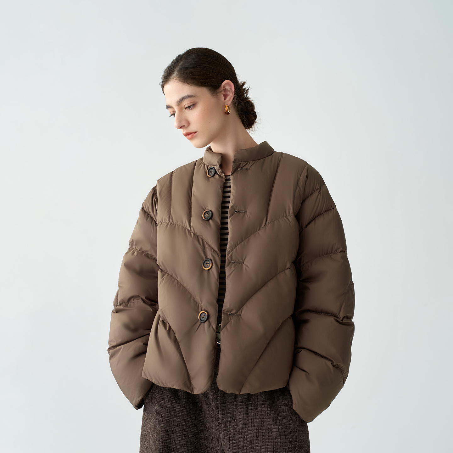 EIN/言焕彩茧型轻暖90鸭绒弯刀袖文艺短羽绒服女2025早秋新款