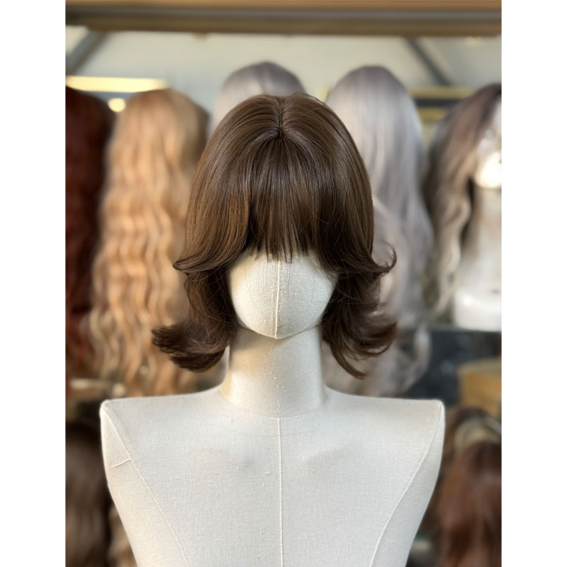 齐刘海假发女短发冷棕色外翻短发时尚洋气仿真人发丝全头套款假发