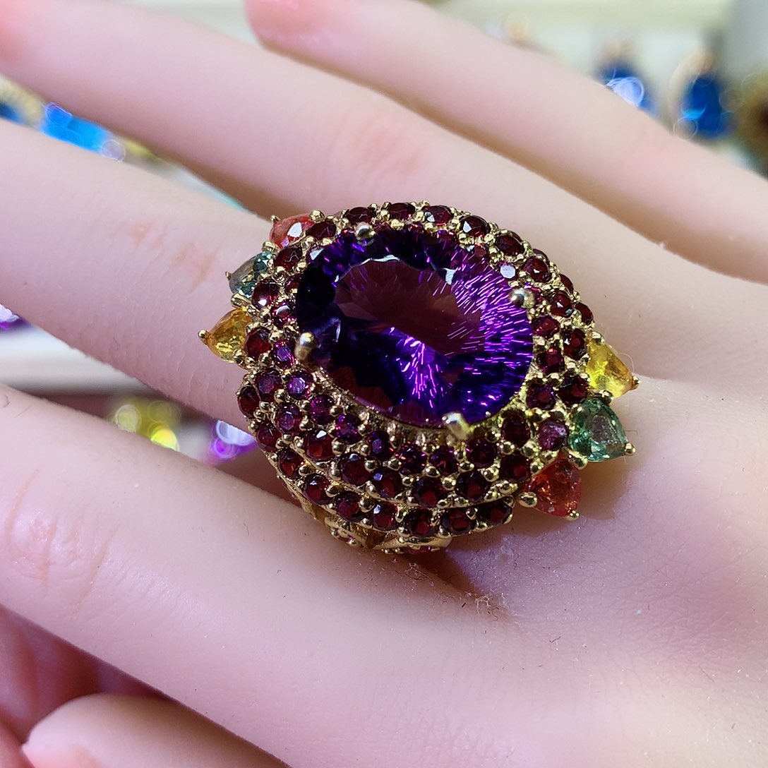 紫晶戒指银S925镀金镶嵌