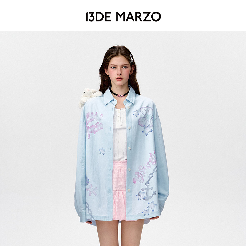 13DE MARZO男女同款 25早春新款海洋风涂鸦衬衫中长款落肩袖外套