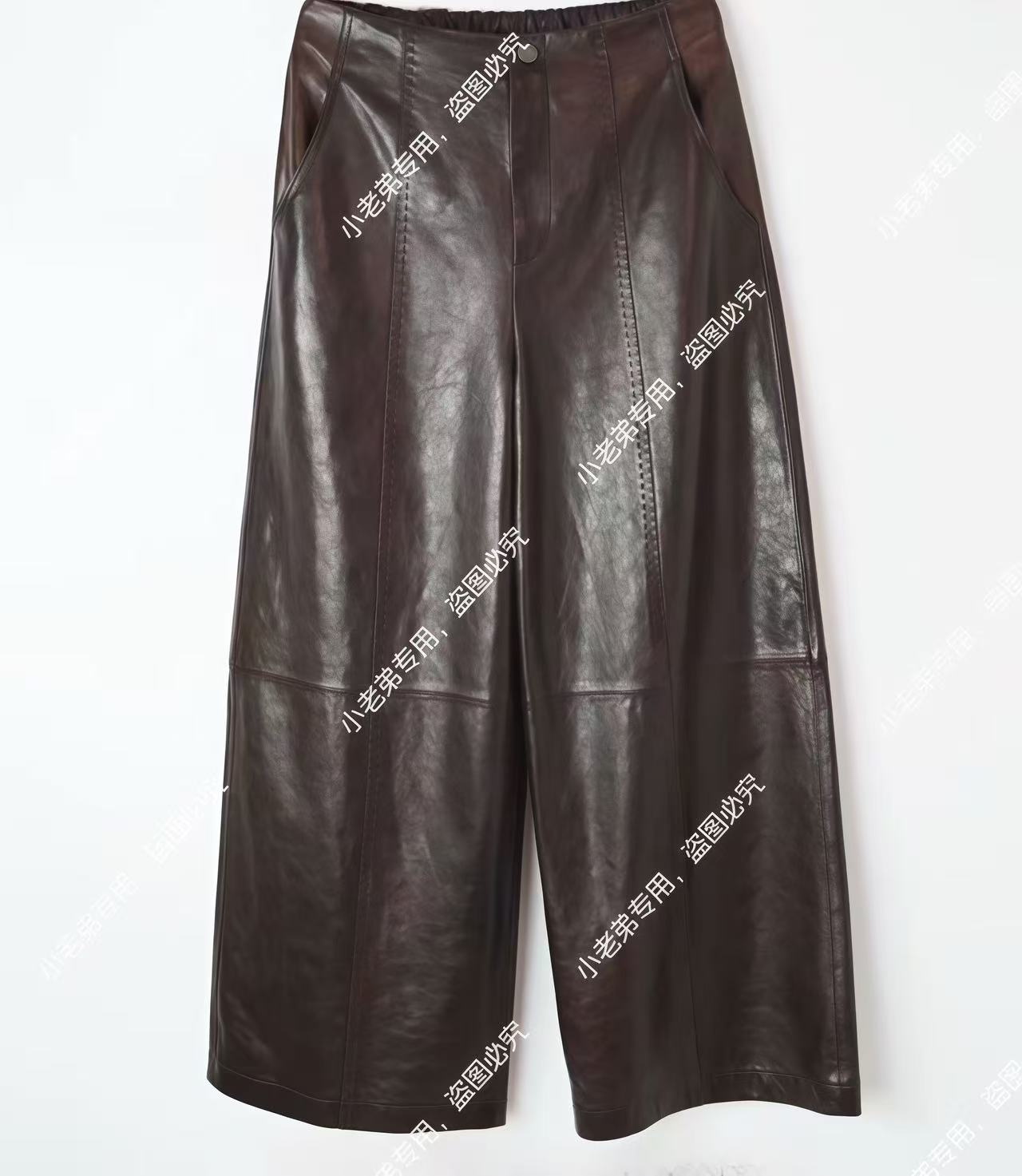 欧货法式阔腿裤水晶翡翠油蜡绵羊皮长裤女松紧腰拱针显瘦阔腿裤女