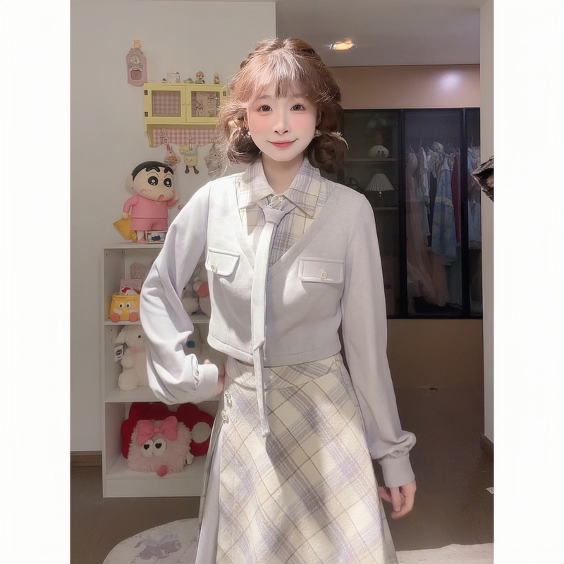 【芋泥奶芙】秋冬款学院风短款假两件翻领上衣格纹拼接半裙两件套装