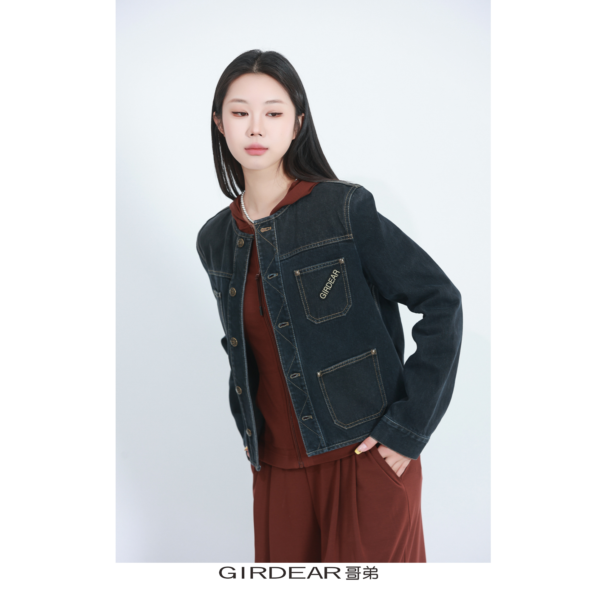GIRDEAR/哥弟140008原宿风精致气质四口袋设计拼接圆领牛仔外套