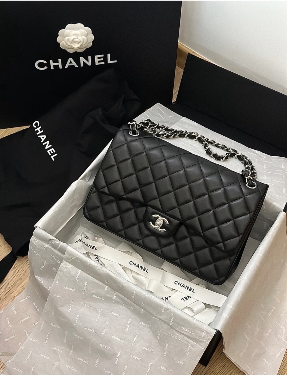 95新 Chanel/香奈儿 黑银双盖羊皮jumbo包 30cm 17441333