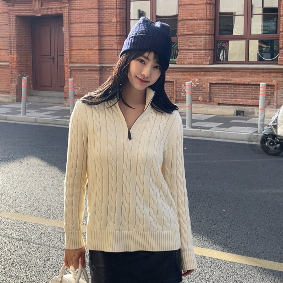 【半拉链】半拉链立领老钱风绞花编结针织衫套头