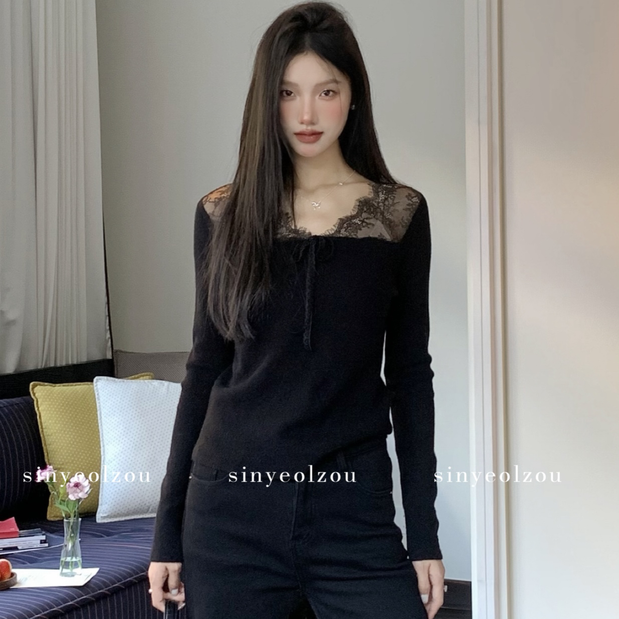 sinyeolzou 蕾丝纯欲显瘦拼接毛衣 #2206