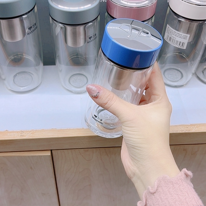 万象品牌双层玻璃杯V161-210蓝样品微瑕