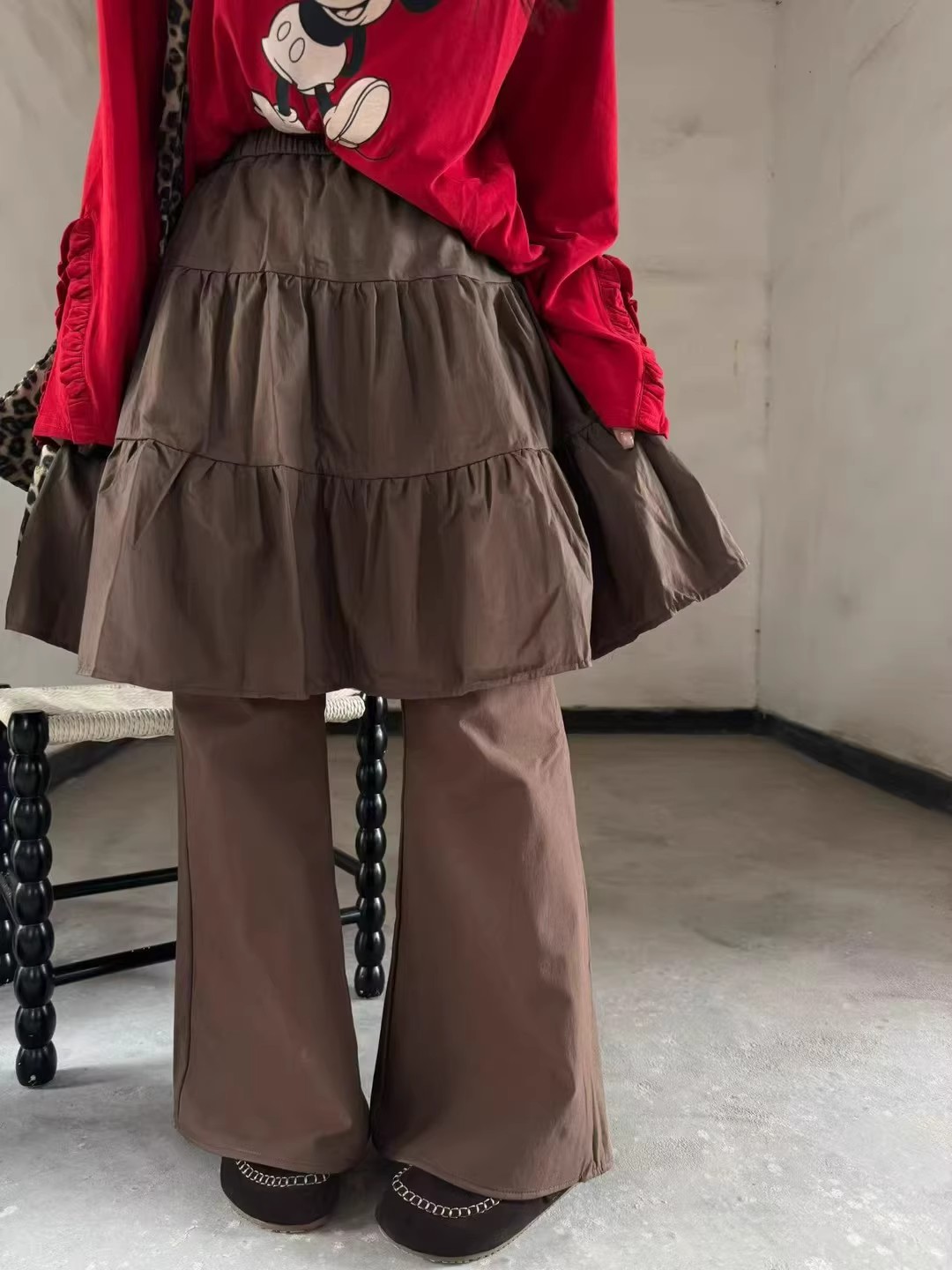 韩国东大门2025新款冬季韩版新款拼屁帘休闲微喇裤屁帘裙裤