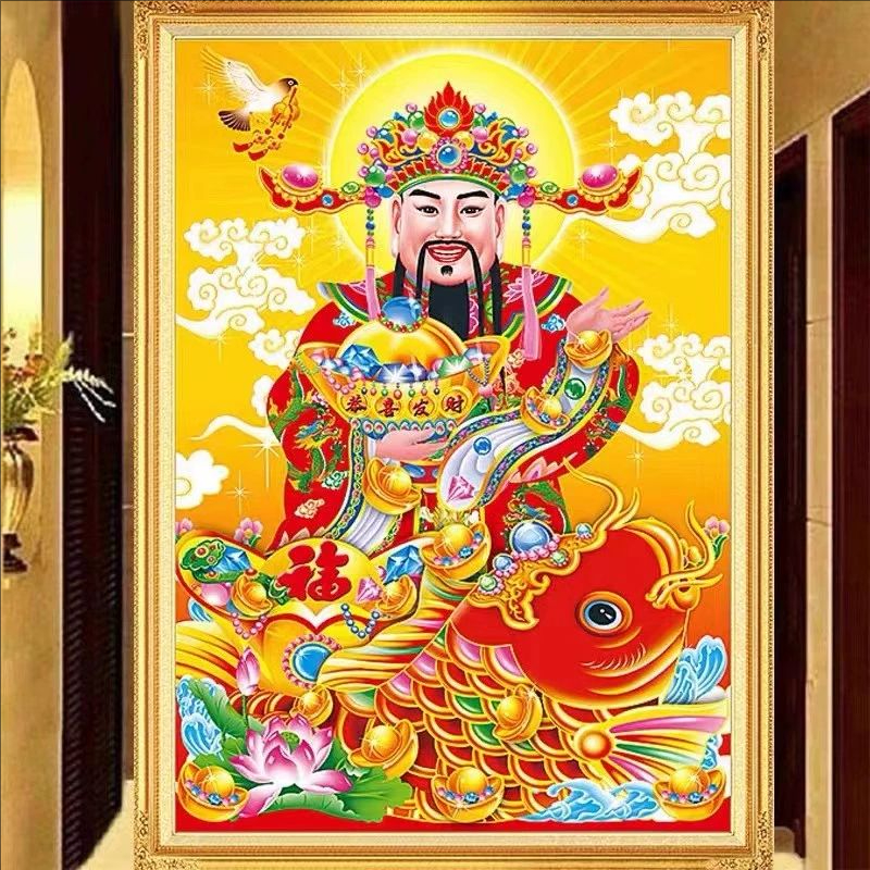 纯手工十字绣成品财神到文财神恭喜发财满绣挂画财神爷像已绣好的