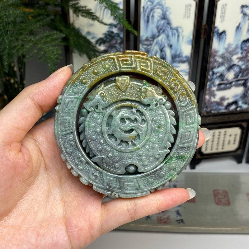 57老料黄加绿三彩龙凤瑞兽方镯套镯 天然翡翠A货手镯