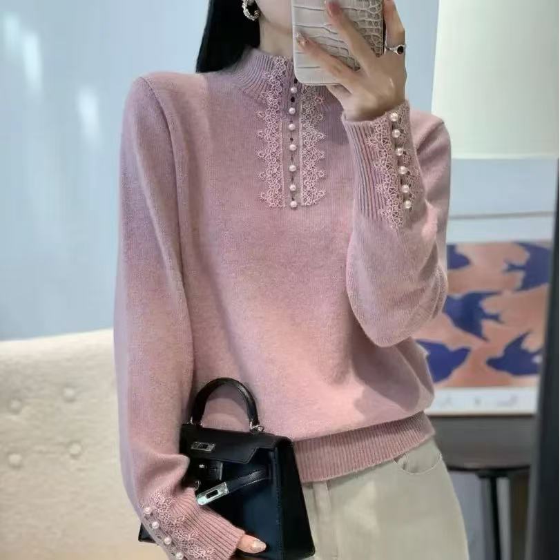 韩系蕾丝拼接钉珠半高领毛衣秋冬新款针织衫时尚洋气宽松打底衫