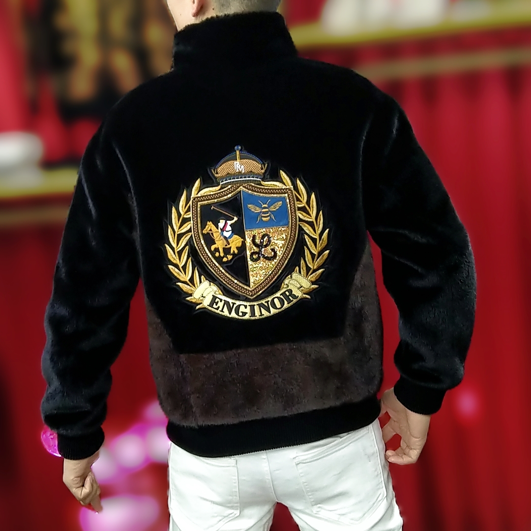 冬季新款男士潮流时尚轻奢高品质立领刺绣金雕绒修身帅气保暖外套