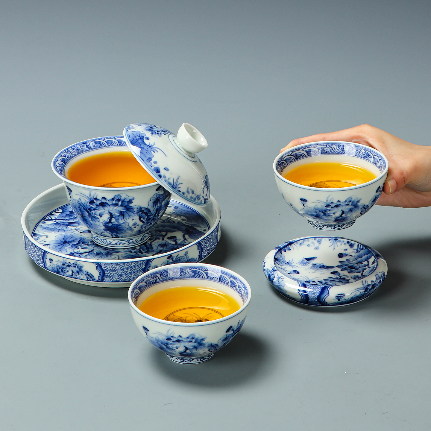 景德镇釉下彩手绘荷花高档陶瓷悬停盖碗家用办公室泡茶伴手礼