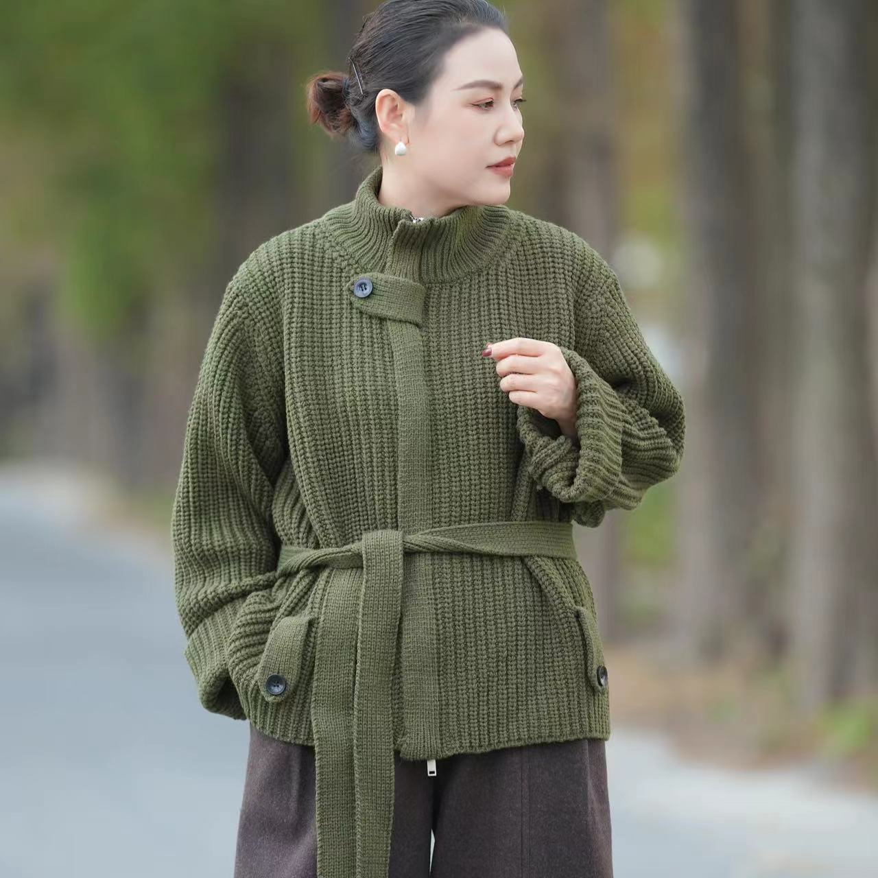 【1069】秒变时髦精 ～立领系带收腰针织开衫秋冬百搭加厚毛衣外套