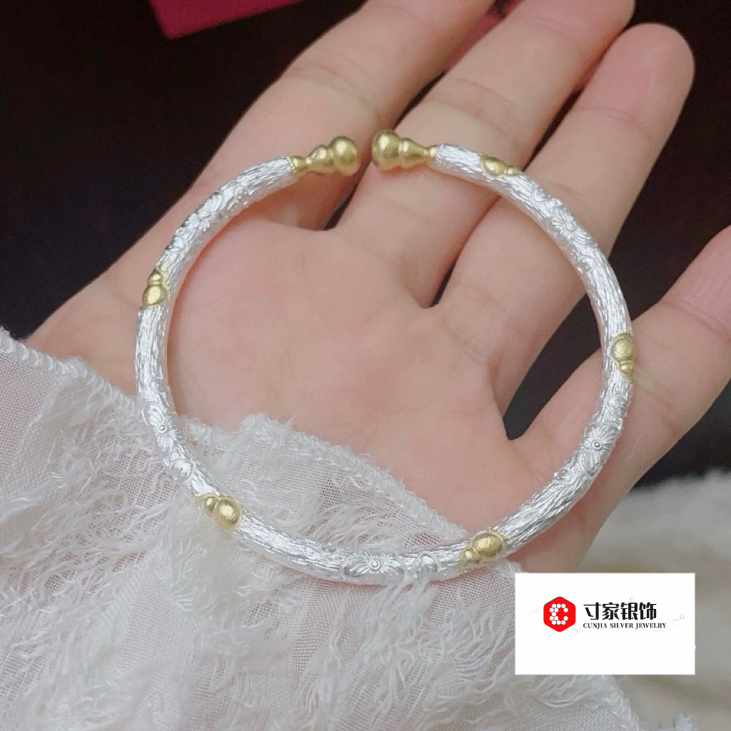 足银银制品 足银9999葫芦描金银手镯 寸家银饰 正品保证
