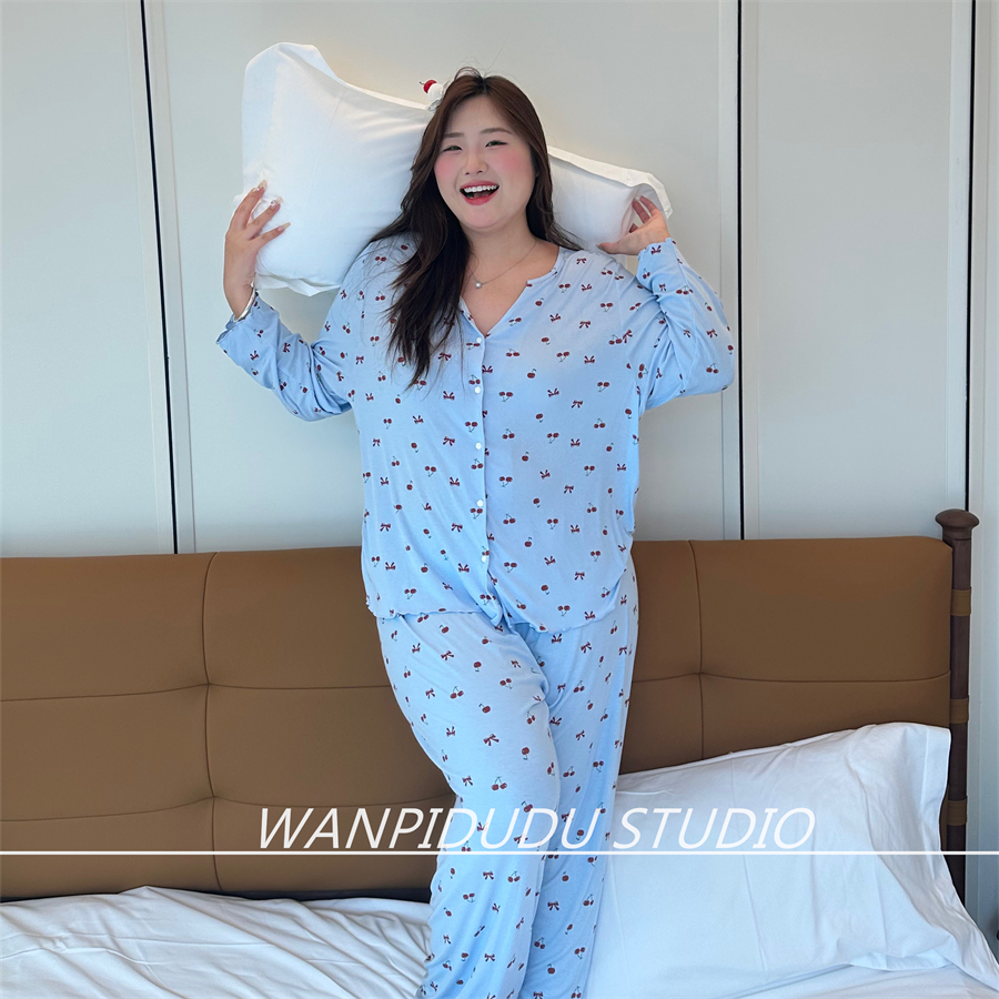 大码胖MM200斤秋季长袖长裤莫代尔蓝色樱桃少女感睡衣