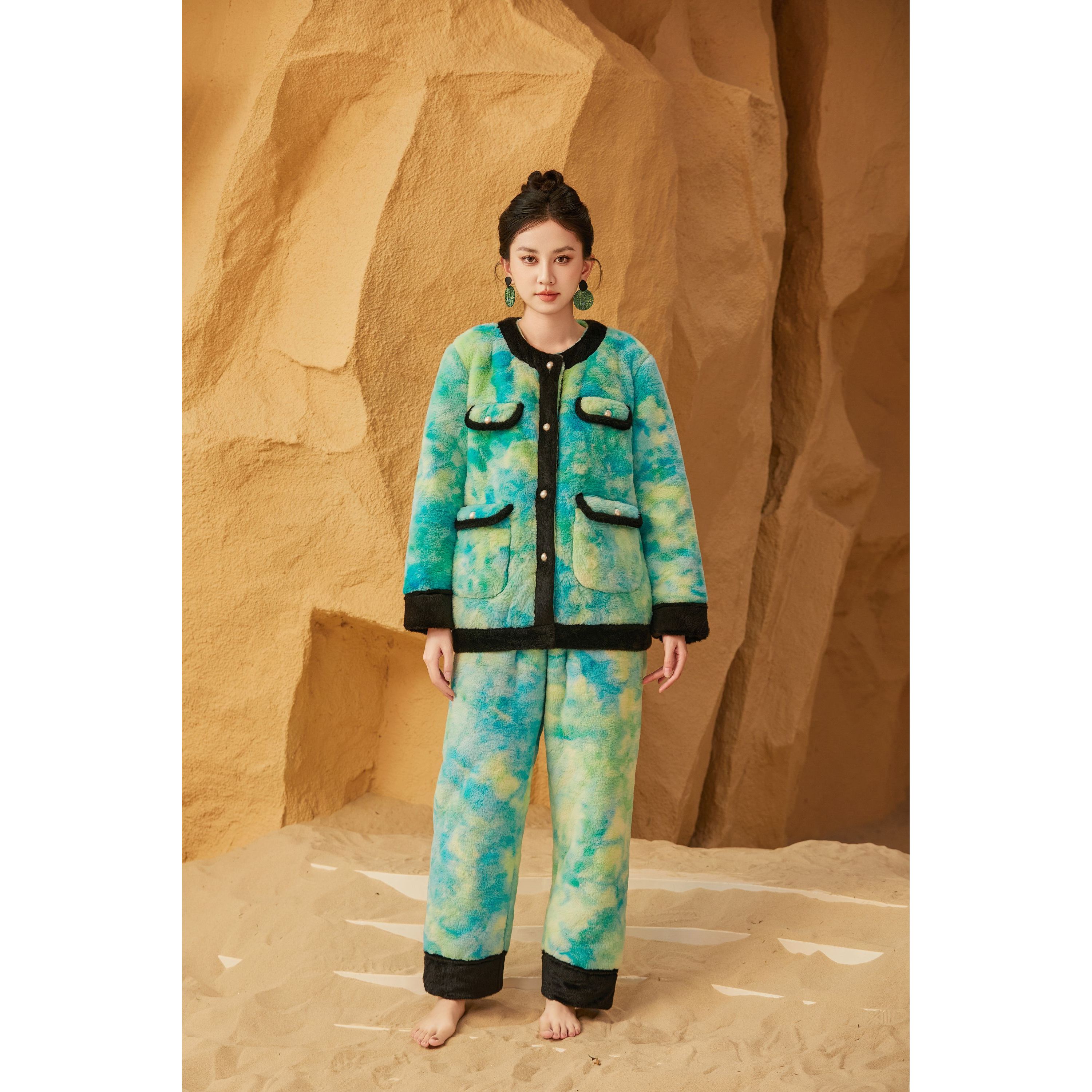 9089时尚保暖家居服套装可外穿高货女款睡衣休闲加绒加厚圆领