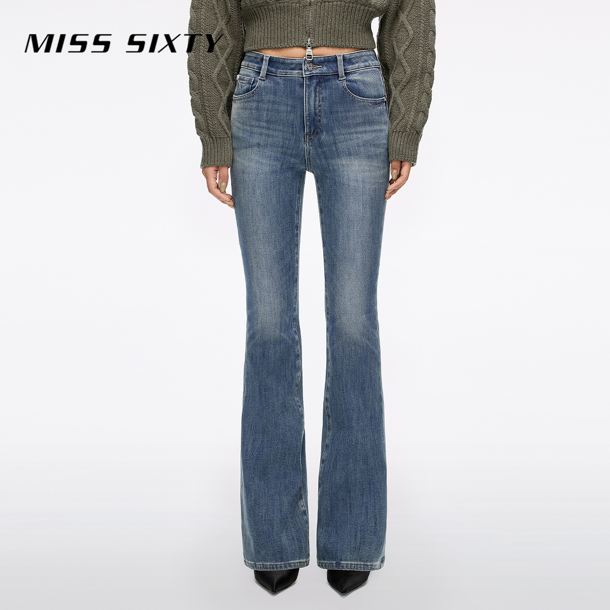 Miss Sixty2025冬季新款牛仔裤女中腰修身显瘦复古洗水喇叭长裤