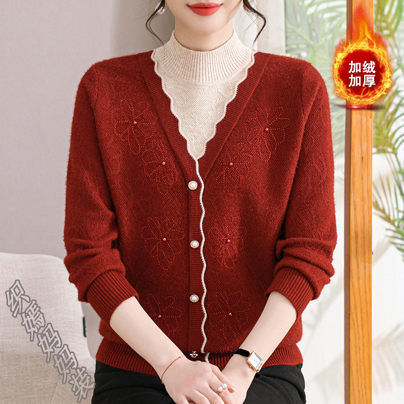 2025新款妈妈秋冬装针织假两件毛衣洋气中老年女装气质保暖打底衫