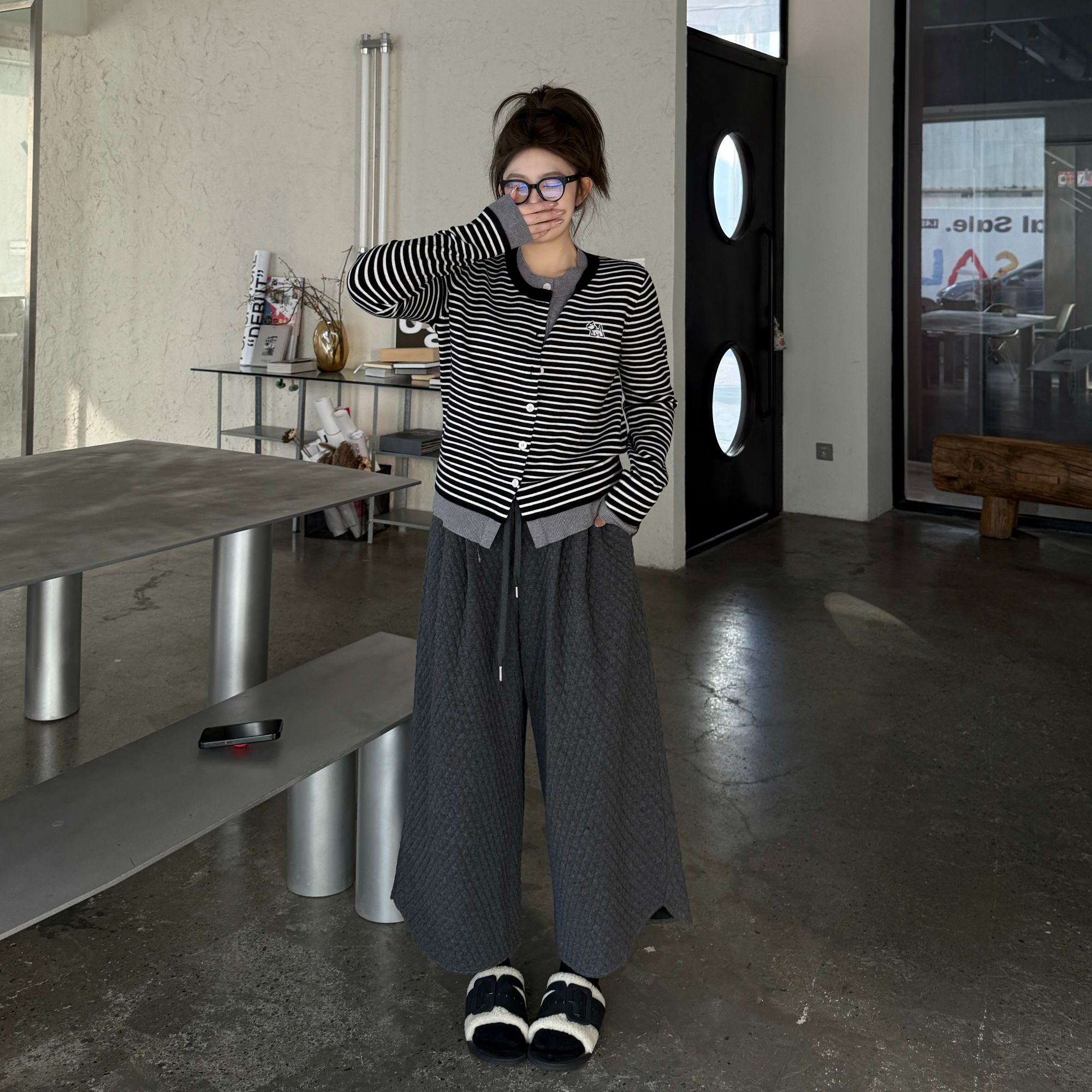 晶咕软软【软糯棉花糖】韩系学院风撞色假两件拼接条纹针织衫