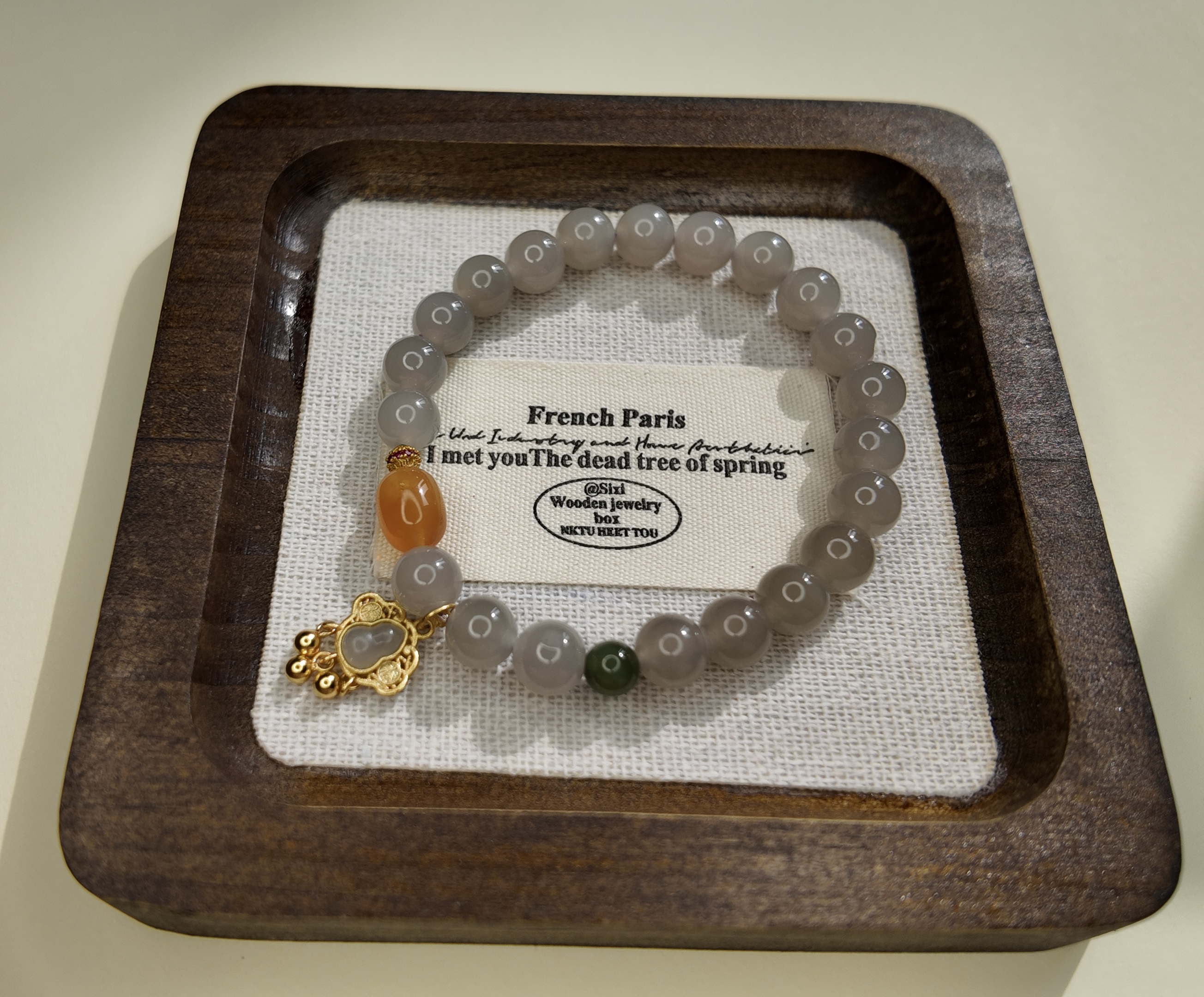 和田玉冰烟紫S925银镀金琥珀蜜蜡手串约8mm手工百搭女士镶嵌精美