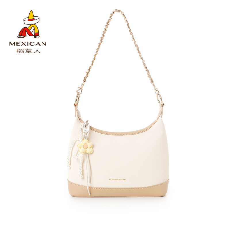 稻草人2025夏季新款链条单肩斜挎饭盒包时尚白色腋下休闲女包