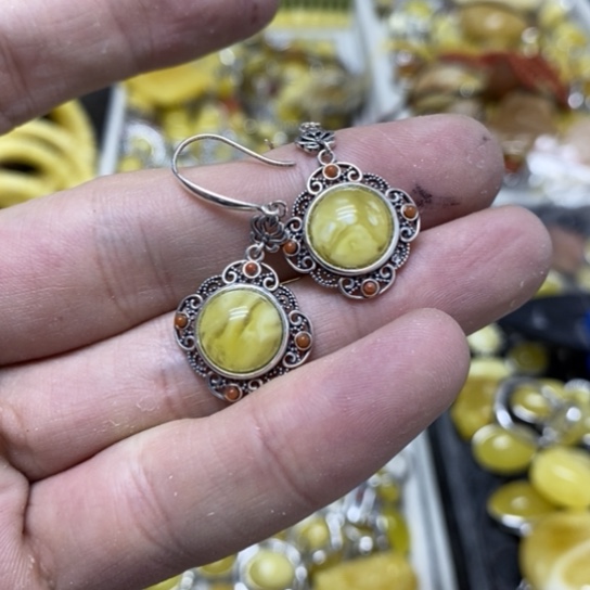 蜜蜡裸石银S925镶嵌耳坠