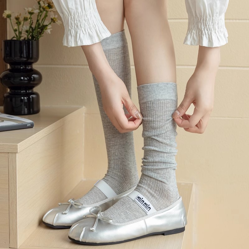 Miu芭蕾风灰色小腿袜子女夏季薄款竖条显瘦堆堆袜日系少女jk长袜
