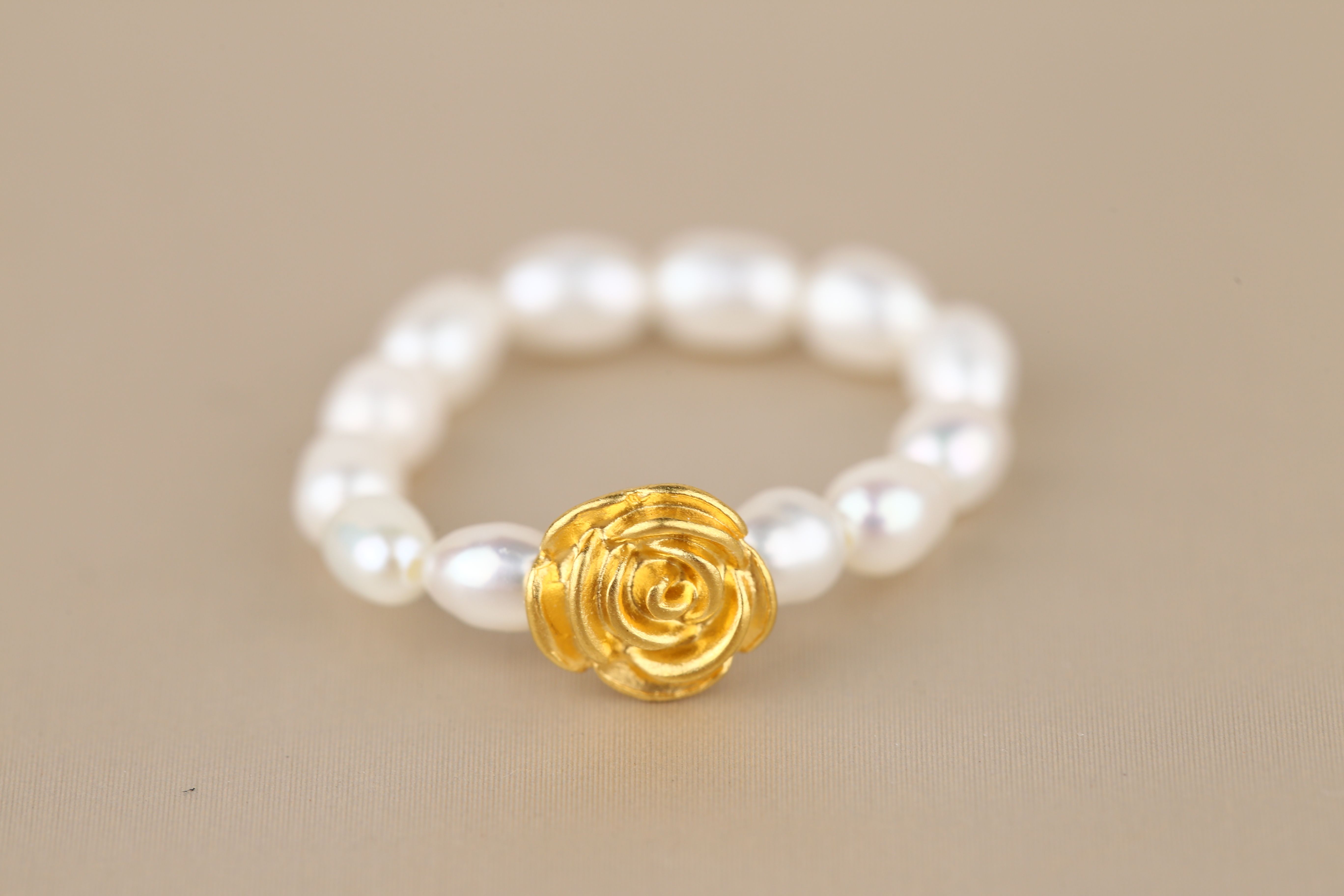 足金999玫瑰花编珍 珠戒@@A103