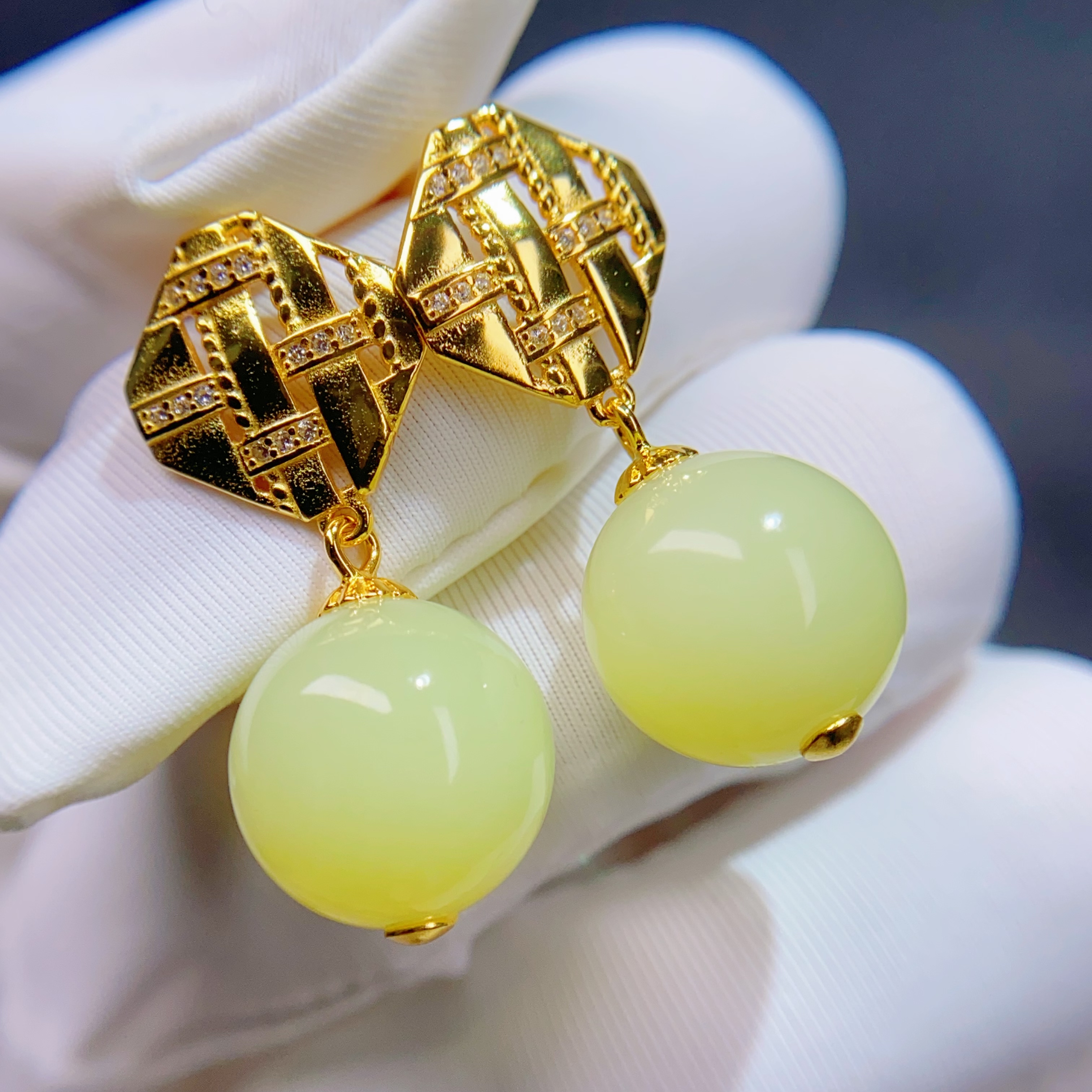 天然和田玉新疆若羌黄口鸡油黄925银圆珠约12mm耳环时尚耳饰@0039