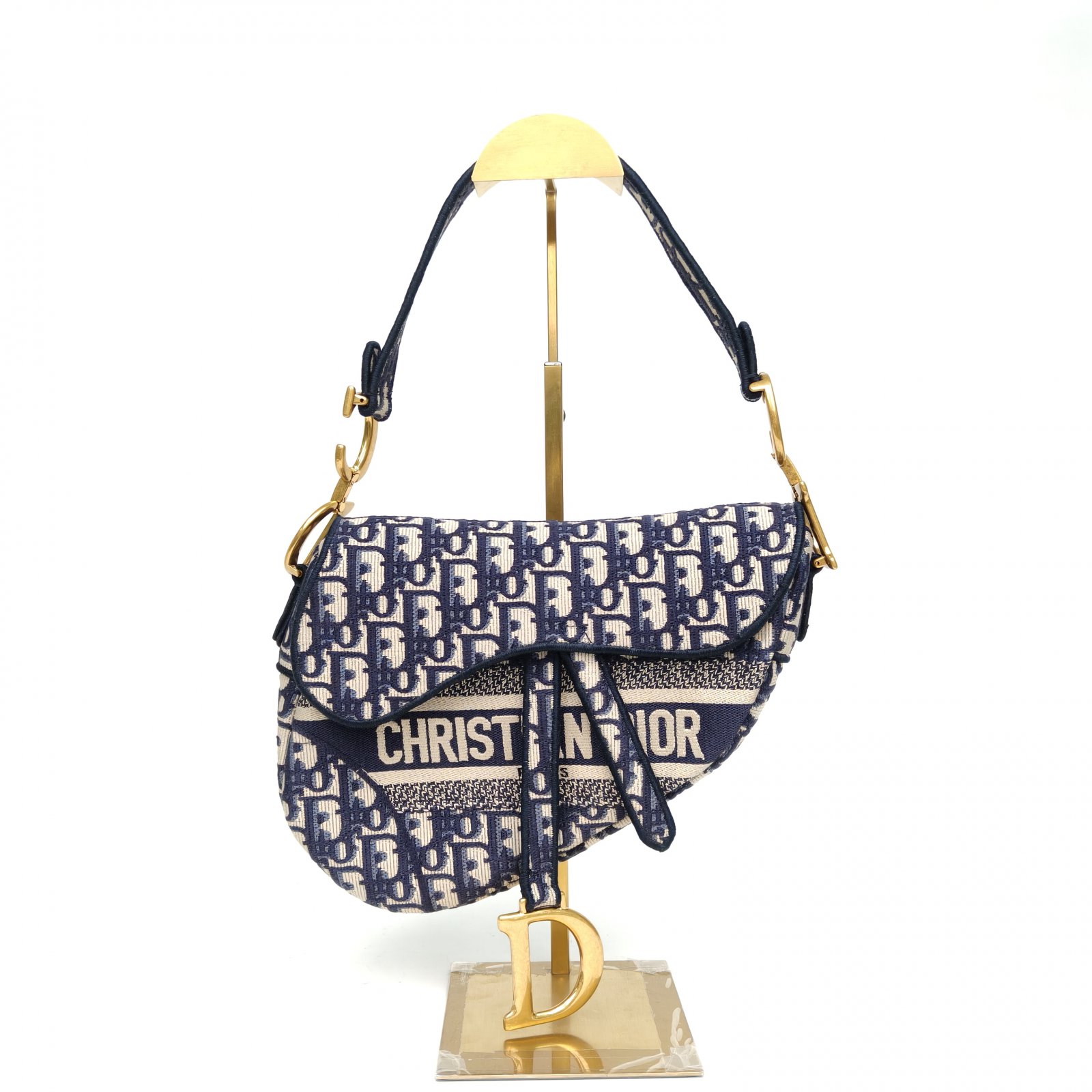 99新 DIOR/迪奥 【娇】马鞍 中号 25.5蓝色 帆布金扣 2021 130216