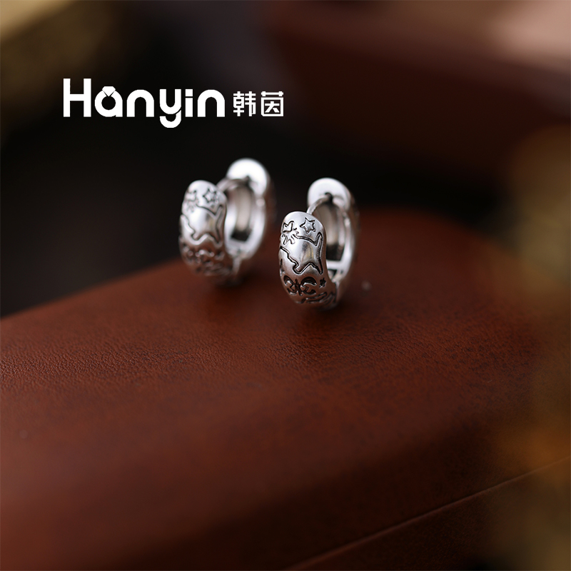 铜合金耳饰 小众气质做旧涂鸦五角星C形耳扣个性设计感AAA