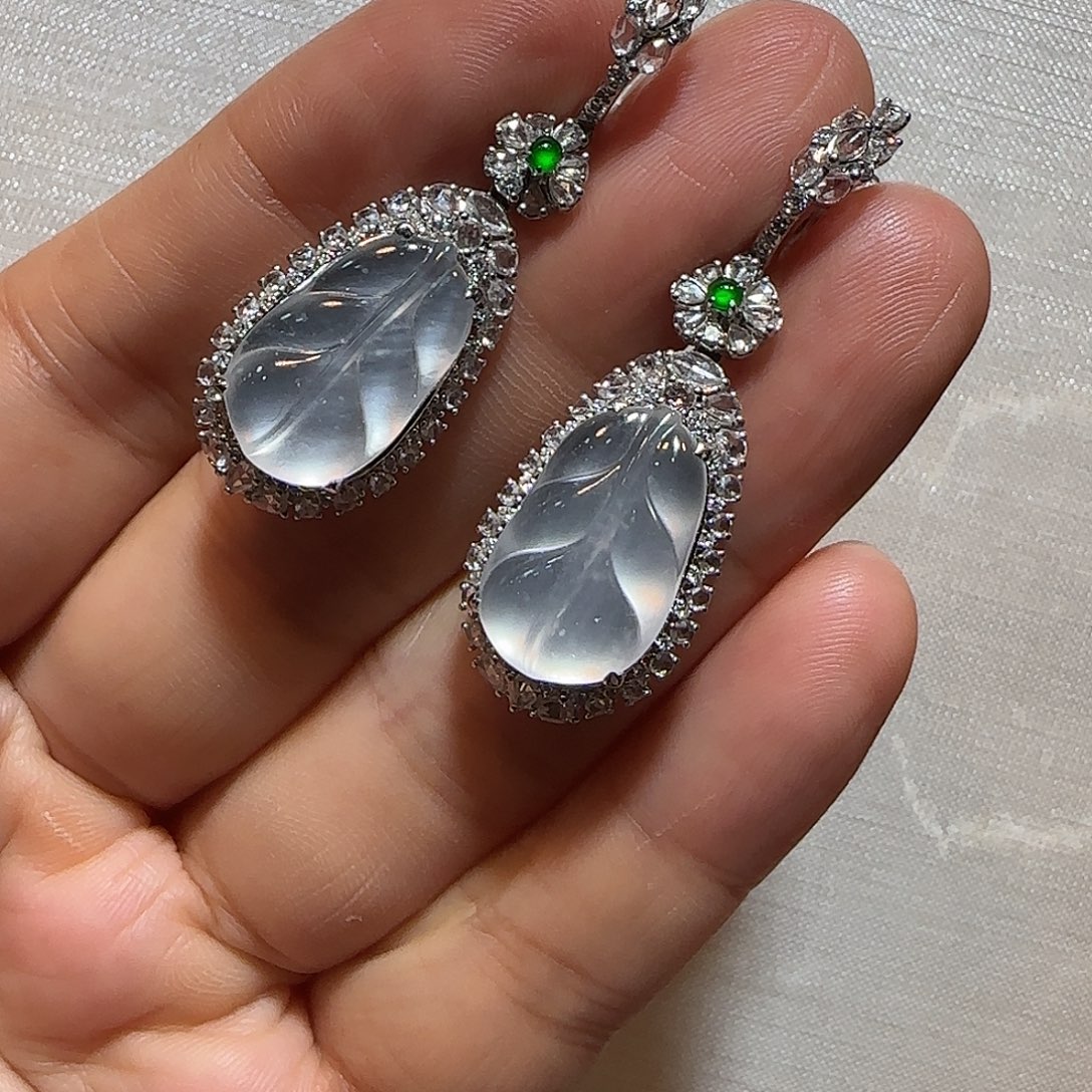 翡翠18K金镶嵌耳饰树叶耳坠