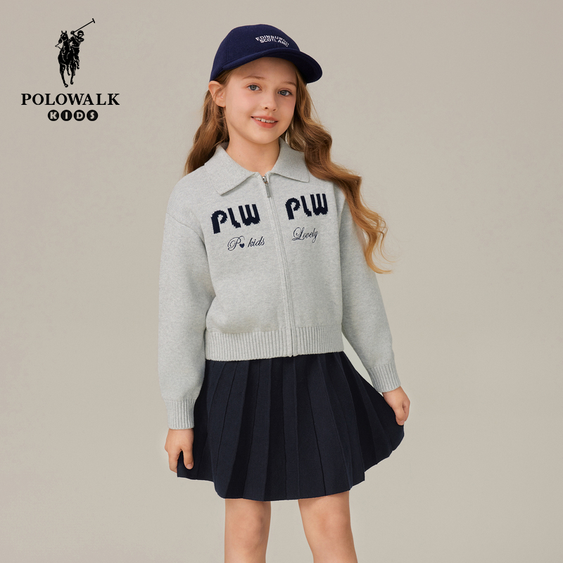POLOWALK童装2025新品秋冬女童提花休闲毛织长袖学院风套装