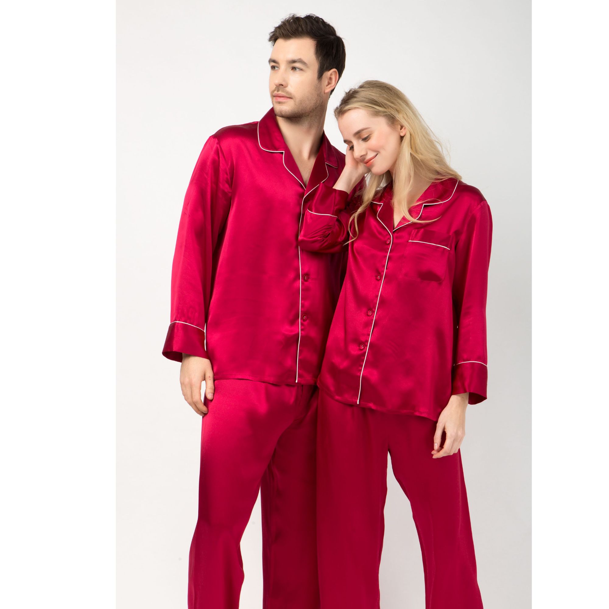 结婚礼服睡衣情侣款长袖两件套100%桑蚕丝情侣家居服四季真丝睡衣