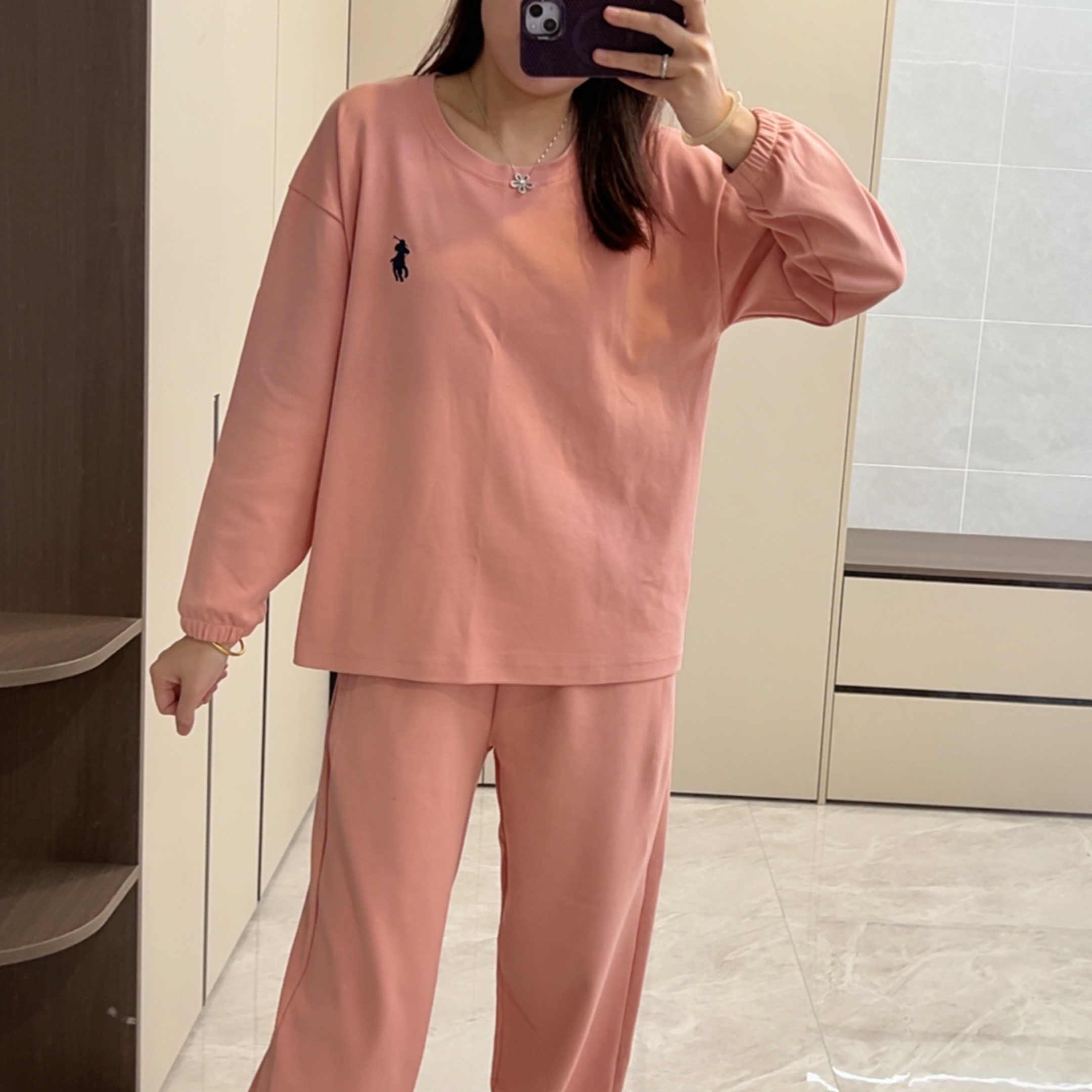 女士秋冬季棉质长袖长裤睡衣小马刺绣可外穿休闲家居服套装