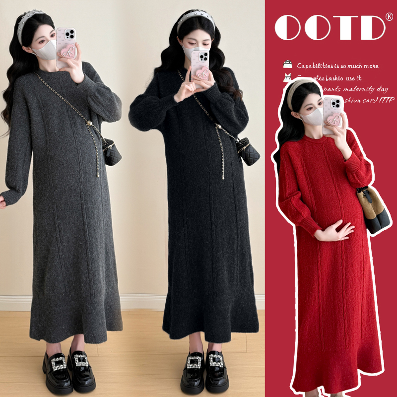 「圈圈优选」2025新款秋冬加厚气质爆款时尚鱼尾孕妇装连衣裙打底女