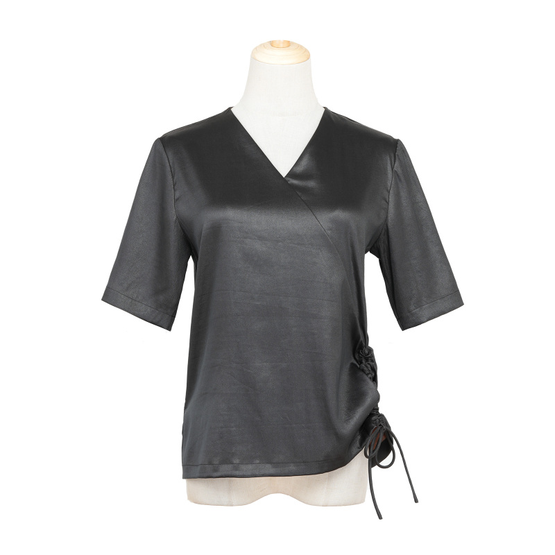 【南笙】QY10062 香云纱休闲百搭V领抽绳上衣