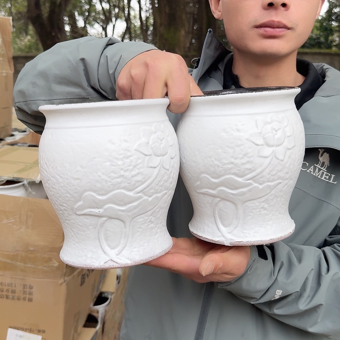 紫砂花盆口15高17.5（两个荷花白色