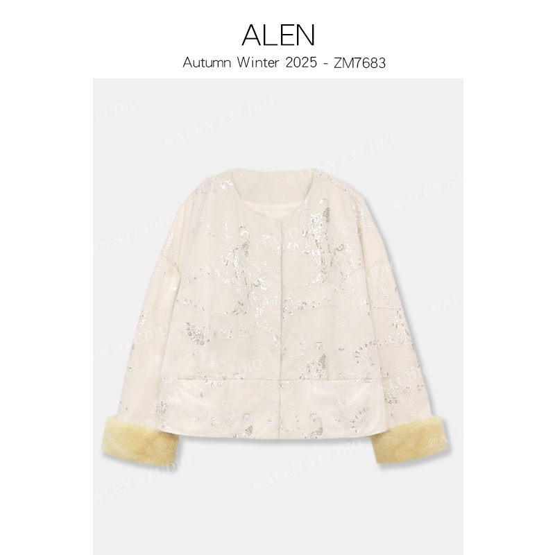 【Alen女装店】新中式国风钉珠水貂毛袖口提花棉外套ZM7683