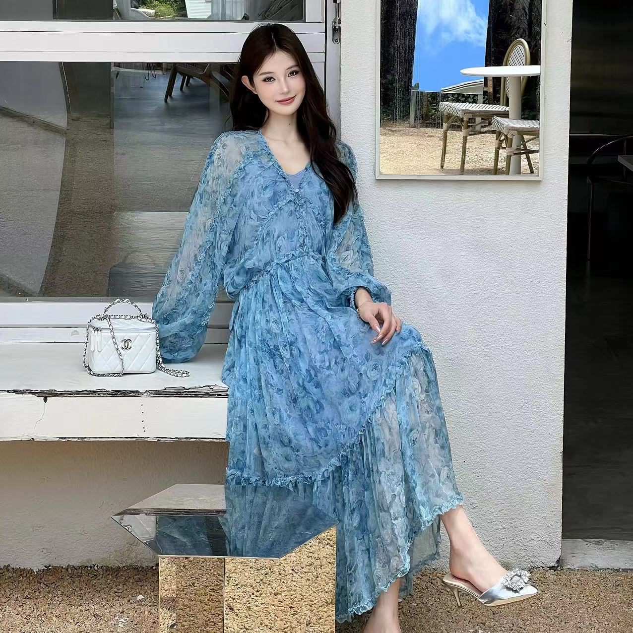 【蓝色-禾枫原创】重磅100桑蚕丝连衣裙YR24D267