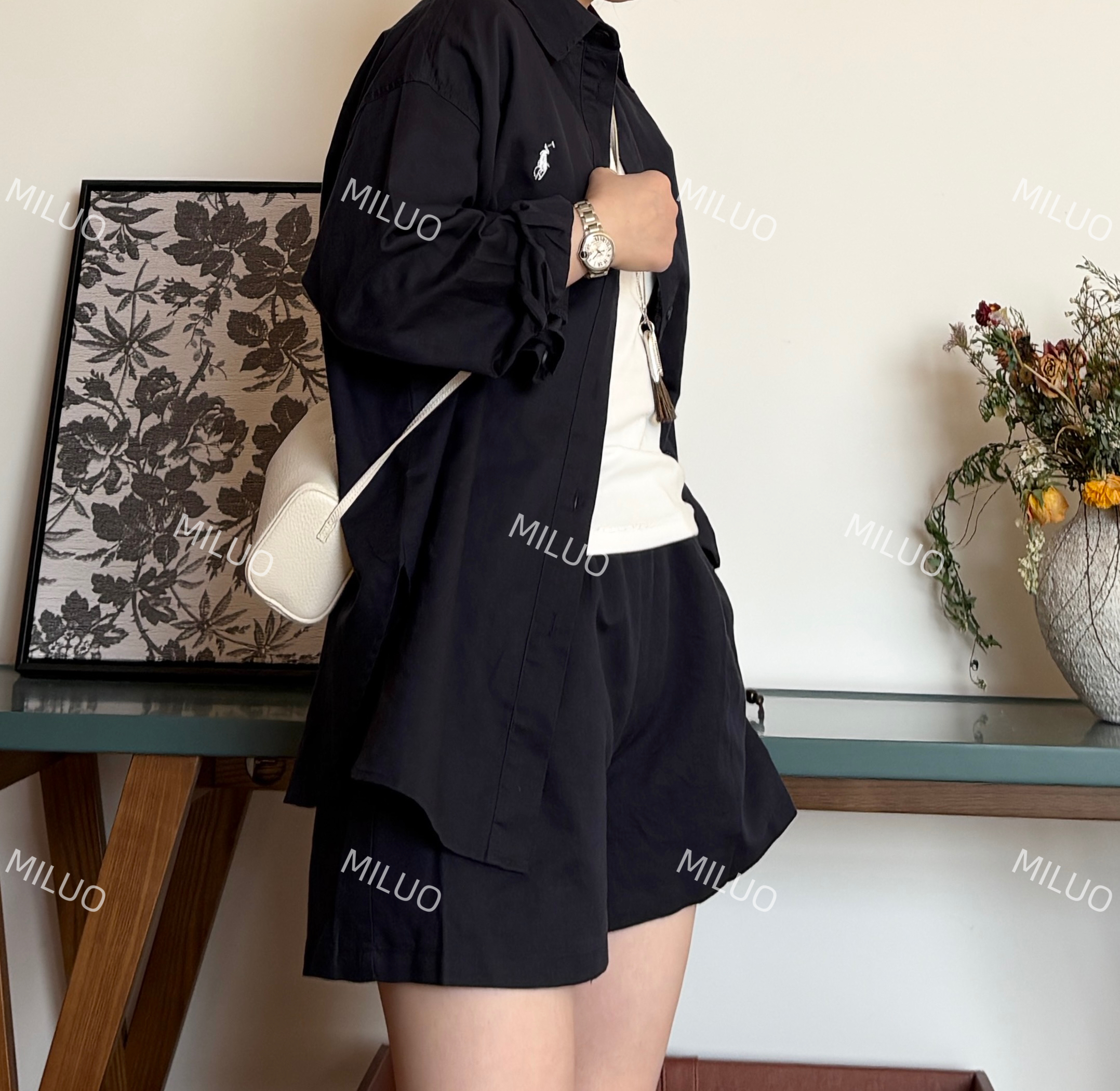 【哈尼家】慵懒半夏 法式白色防晒衬衫短裤套装高级感宽松上衣A11