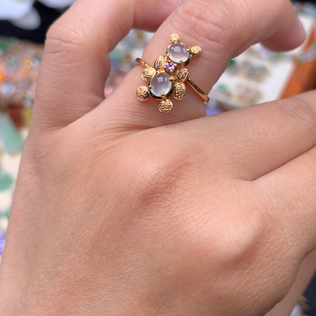 翡翠戒指18K金镶嵌小熊戒指