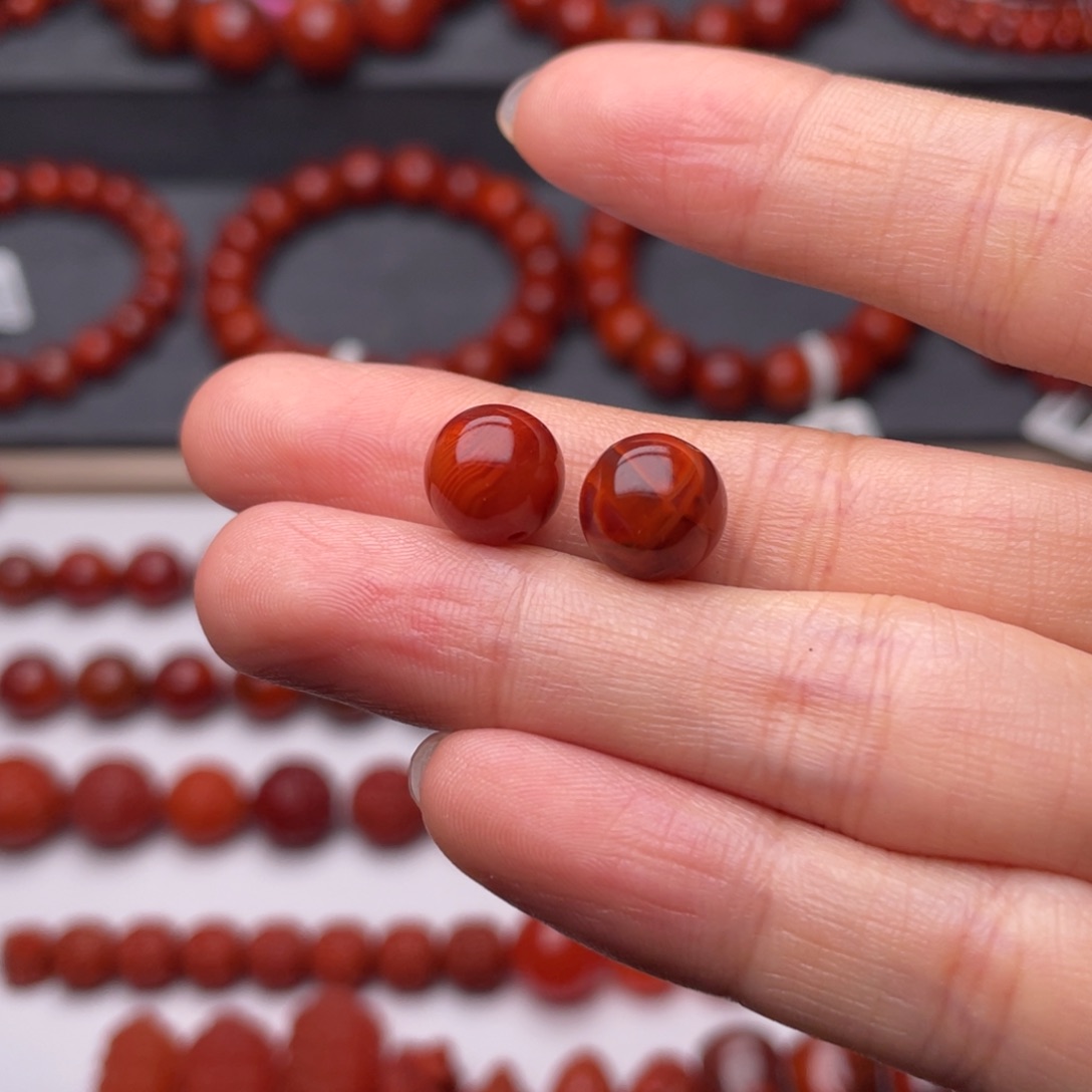 释****南红玛瑙未镶嵌手链9mm瓦西牛血火焰对珠