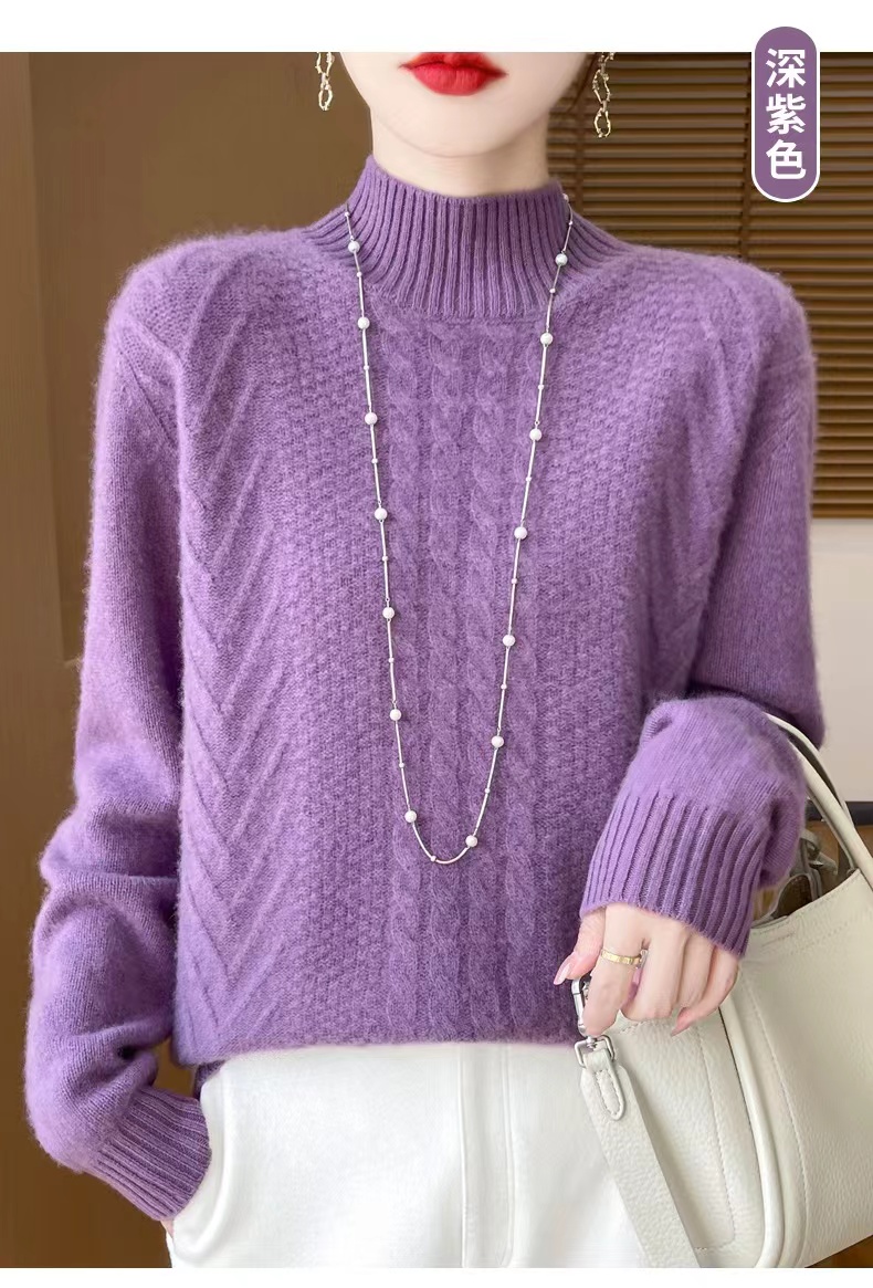 特特特---中间麻花加厚半高领羊毛衫 女士宽松毛衣